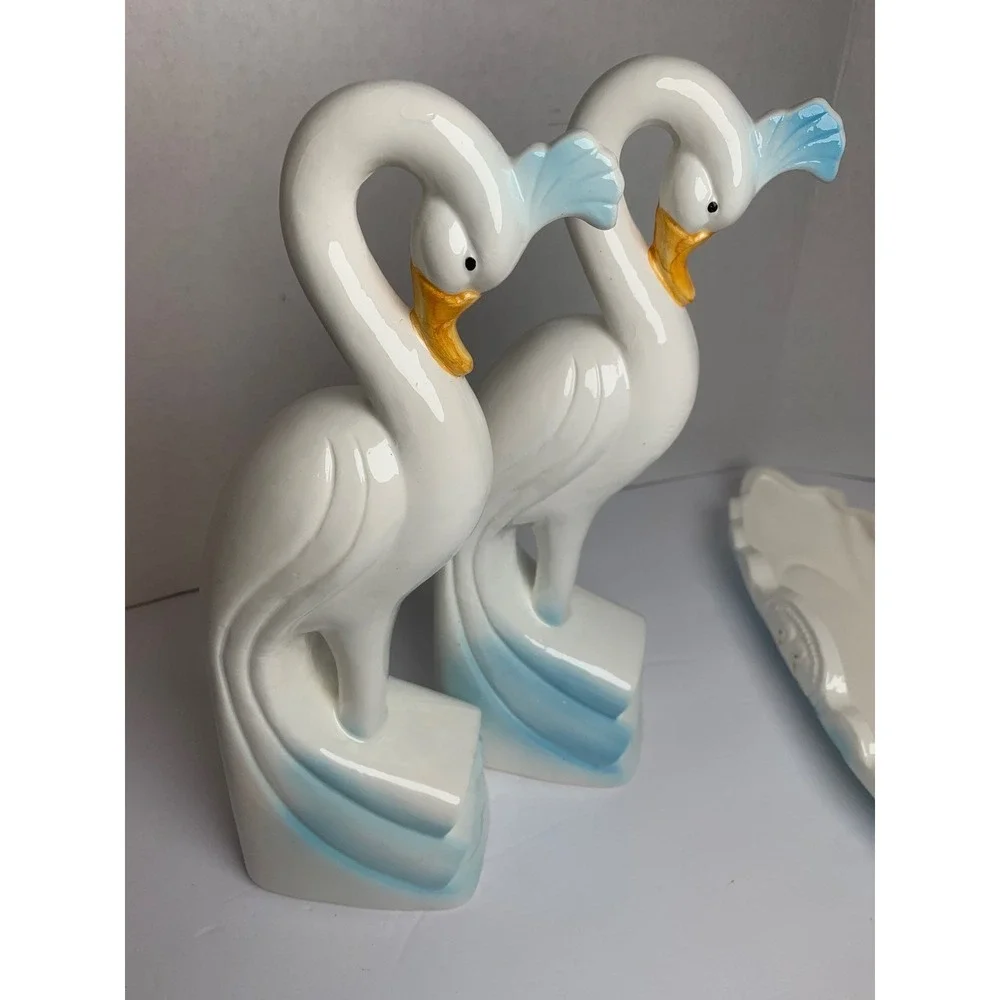 Vintage 1988 Artmark Chicago Ceramic Crane Figurine‎ Console Set White Blue 3pc